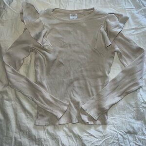 ZARA Light Cream Ribbed Long-Sleeve Top with Ruffle Shoulders